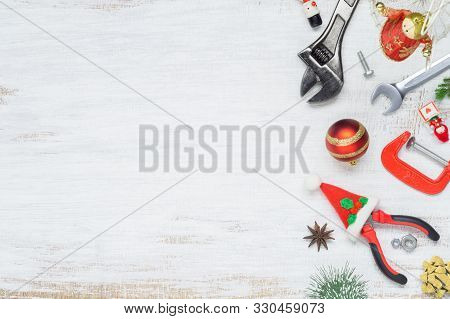 Merry Christmas And Happy New Years Handy Constrcution Tools Background Concept. Handy House Fix Diy