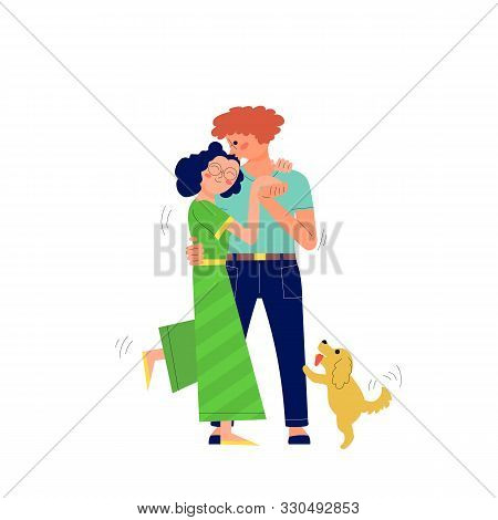 Young Couple Of Man And Woman Is Hugging And Kissing Outdoors, Walking With Their Dog. Stock Vector