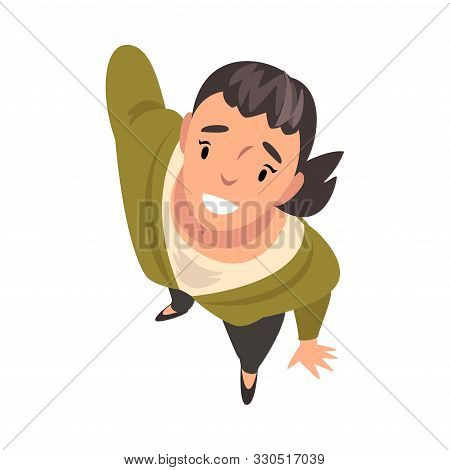 Smiling Young Woman Character Looking Up, View From Above Vector Illustration