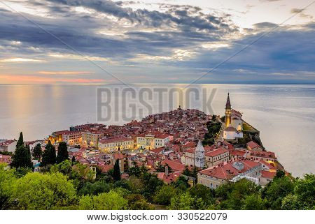 Cityscape Of Piran. Panoramic View Of Adriatic Sea And City Of Piran In Istria, Slovenia.