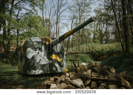 German Old Green Rusty Anti-aircraft Machine Gun Outdoor.