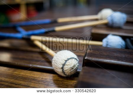Marimba Sticks On The Instrument, This Big Xylophone Is An Instrument From Guatemala, Used For Tradi