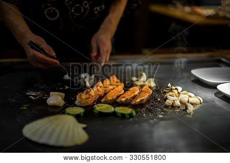 Teppan Show In A Japanese Restaurant, Cooking Directly In Front Of The Client, Fish, Rice, Meat, Veg