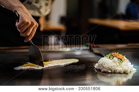 Teppan Show In A Japanese Restaurant, Cooking Directly In Front Of The Client, Fish, Rice, Meat, Veg