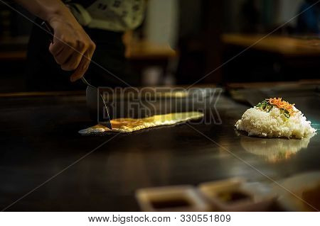 Teppan Show In A Japanese Restaurant, Cooking Directly In Front Of The Client, Fish, Rice, Meat, Veg