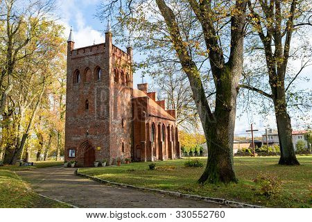 Konikowo, Zachodniopomorskie / Poland - October, 29, 2019: Old Brick Church In A Small Village In Ce