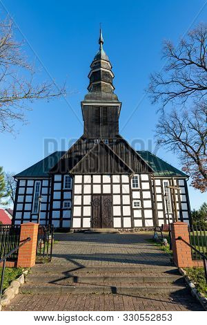 Brzezie, Pomorskie / Poland - October, 29, 2019: Old Church Built Of Half-timbered Wall In Pomerania