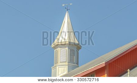 Panorama Frame Exterior Of A Barn At A Vinyard With Clear Blue Sky Background On A Sunny Day