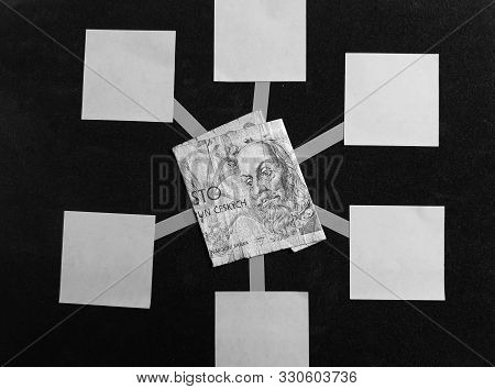 Idea Of A Mind Map With A Czech Banknote Of 100 Korun In The Center, Black And White Image