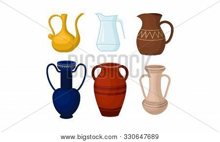 Ancient Greek Amphoric Vases Vector Isolated On White Background Set