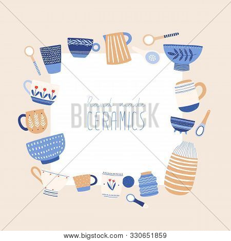 Handmade Ceramics Flat Vector Illustration. Handicraft Pottery Social Media Banner Design With Place