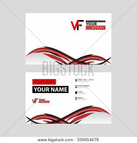 Horizontal Name Card With Vf Logo Letter And Simple Red Black And Triangular Decoration On The Edge.