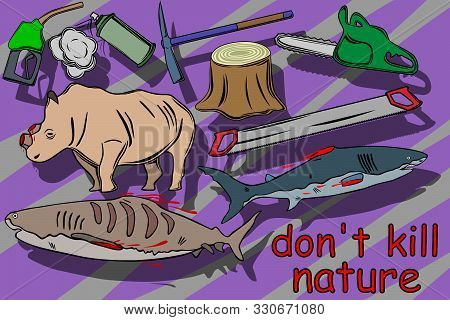 The Image Of Various Elements Associated With Environmental Damage By Humans. Sharks Without Fins An