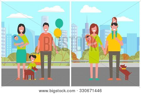City Park Relaxation, Man And Woman With Dog Walking In Town. Greenery And Nature Of Urban Area, Mal