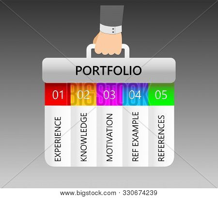 Vector Illustration Of Hand Holding Portfolio With Example Text. Search For Job. Be Prepared.
