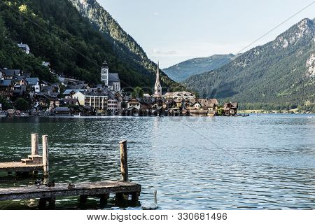 Hallstadt, Austria - July, 2019: Hallstatt Village Austria. Tourist Destination.
