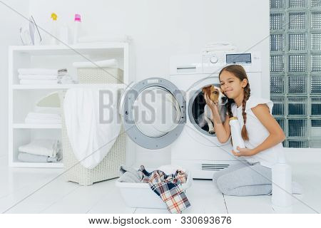 Photo Of Attractive Girl Petting Pedigree Dog In Washing Machine, Holds Washing Detergent, Going To 