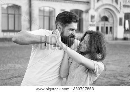 Taking A Lot Of Abuse From Him. Bearded Man Pushing Girl Using Physical Abuse In Public. Woman Exper