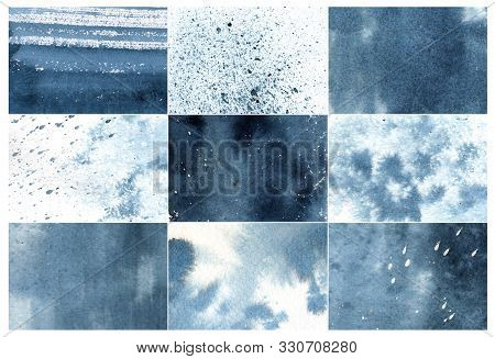 Set Of Blue Watercolor Art Hand Paint Background