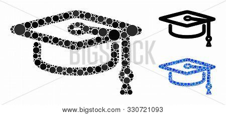 Cap Graduate Composition Of Round Dots In Variable Sizes And Shades, Based On Cap Graduate Icon. Vec