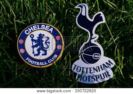 September 6, 2019 London, Uk. Emblems Of English Football Clubs Tottenham Hotspur London And Chelsea