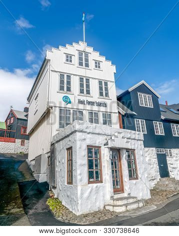 Torshavn, Faroe Islands - August 2019: Visit Faroe Islands Building In The Harbour Of Torshavn