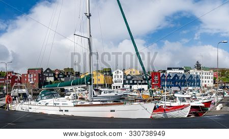 Torshavn, Faroe Islands - August 2019: Fishing Boats In Torshavn Harbour On Faroe Islands.