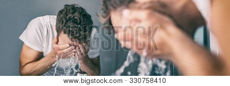 Man washing face splashing water in bathroom sink male skincare beauty morning routine panoramic banner background.