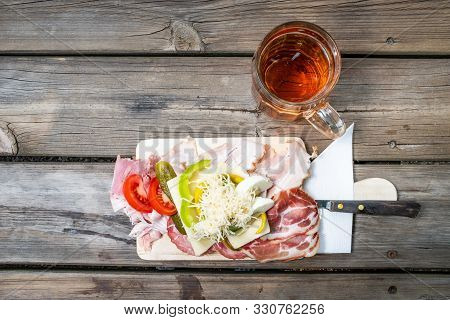 Brettljause, With Meal, Cheese, Vegetable Occupied Bread Traditional Styrian Sandwich And A Glass Wi