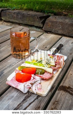 Brettljause, With Meal, Cheese, Vegetable Occupied Bread Traditional Styrian Sandwich And A Glass Wi
