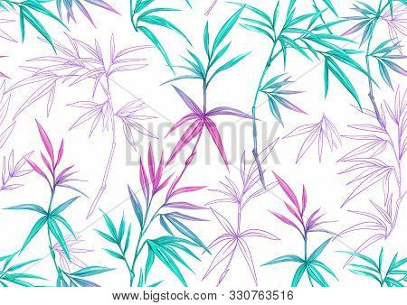 Tropical Plants And Flowers. Seamless Pattern, Background. Colored And Outline Design. Vector Illust