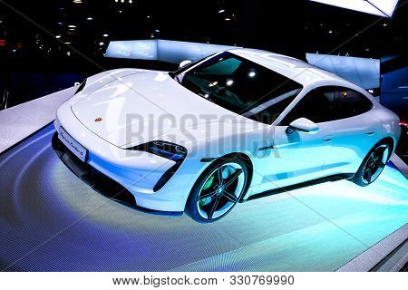 Frankfurt Am Main, Germany - September 18, 2019: All-electric Coupe Car Porsche Taycan Turbo S At Th
