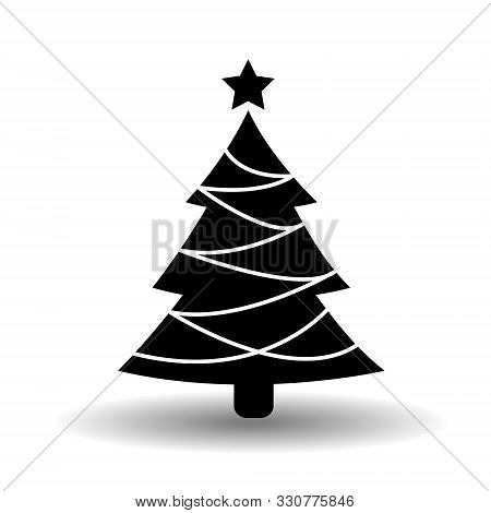 Christmas Tree Line Icon. Black And White Ecorated Conifer In Solid Flat Style With Star. Simple Eps