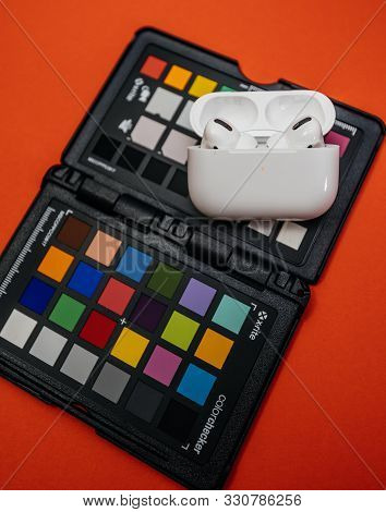 Paris, France - Oct 30, 2019: New Apple Computers Airpods Pro Headphones With Active Noise Cancellat