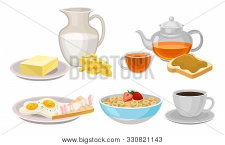 Delicious Breakfast Meal Vector Items Isolated On White Background
