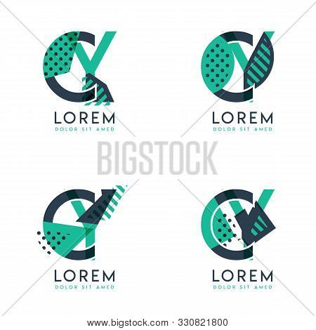 Four Abstract Cy Logo Posts Set With Dot And Slash, Green And Black. Very Suitable For Corporate Ide
