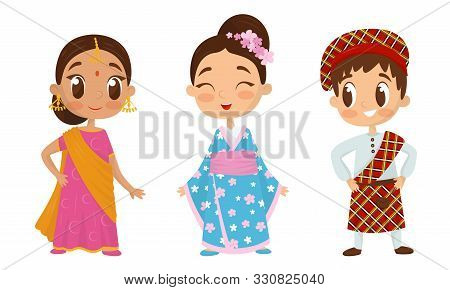 Big Eyed Kids Characters Wearing Traditional Costumes Vector Set