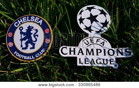 September 6, 2019 Istanbul, Turkey. The Emblem Of The English Football Club Chelsea London Next To T