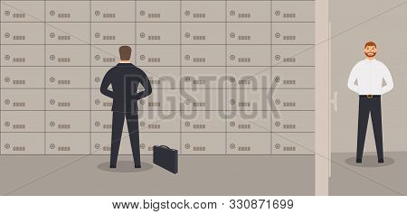 Bank Office Interior: Businessman Is Standing Near Deposit Safes, 
Briefcase With Money.elegant Inte