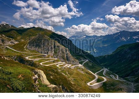 Aerial View Of The Old Road With Many Serpentines Going Through The St. Gotthard Pass In The Swiss A