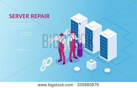 Isometric Server Under Repair. Big Data Dark Server Room With Server Equipment And Yellow Warning Ta