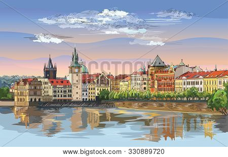 Colorful Vector Hand Drawing Illustration Of Prague Old City Panorama With River Vltava. Landmark Of