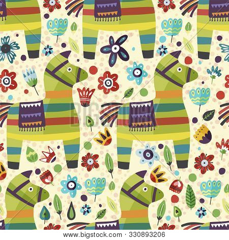 Traditional Mexican Party Symbol. Pinata Vector Flat Seamless Pattern With Flowers. Cinco De Mayo Ce