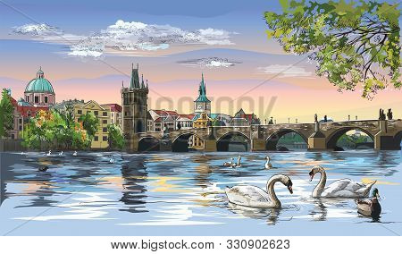 Colorful Vector Hand Drawing Illustration Cityscape Of Charles Bridge And Swans In Vltava River In P