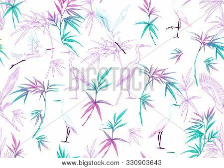 Tropical Plants And Flowers And Birds. Seamless Pattern, Background. Colored And Outline Design. Vec