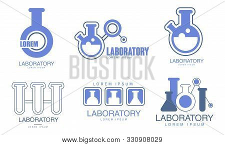 Set Of Blue Logos For The Laboratory. Vector Illustration.