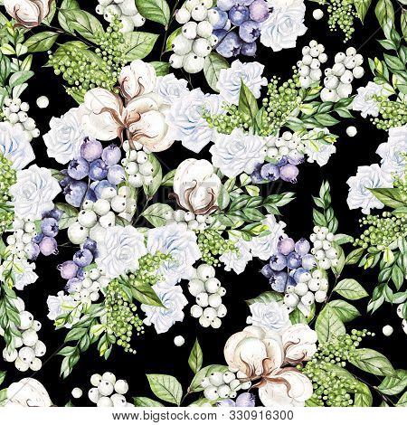 Beautiful Seamless Pattern With Watercolor Tender Roses And Snowberry, Cotton, And Blueberries.  Ill