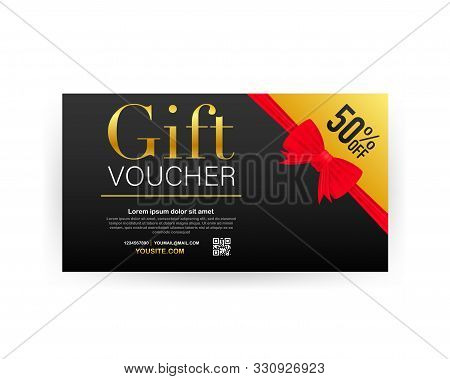 Template Gold Gift Card. Promo Code. Vector Gift Voucher With Coupon Code. Vector Stock Illustration