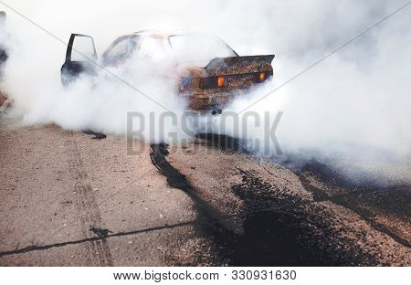 Moldova 25.09.2019. Sport Modern Stance Car Racing Car Drifting With Smoke Drift Burnout, Big Colour
