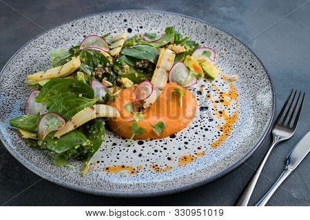 Salad With Green Vegetables And Grilled Mini-corn With Ricotta And Tomato Mousse. Vintage Plate, Spo